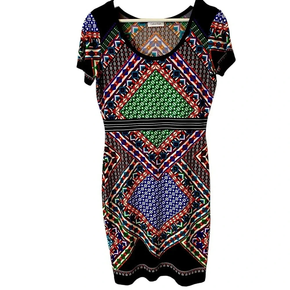 Calvin Klein Colorful Office Shift Dress with Geometric Print Short Sleeve 2
